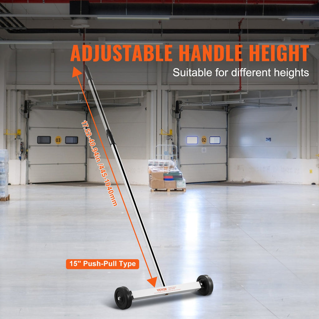 Rolling Magnetic Sweeper 15"/18", 8-45 lbs Capacity, Telescoping Adjustable Handle 17.5"-41", Aluminum Alloy Shell, Rubber Wheels, for Nail Screw Metal Debris Pickup in Garage Yard Roofing Job Site