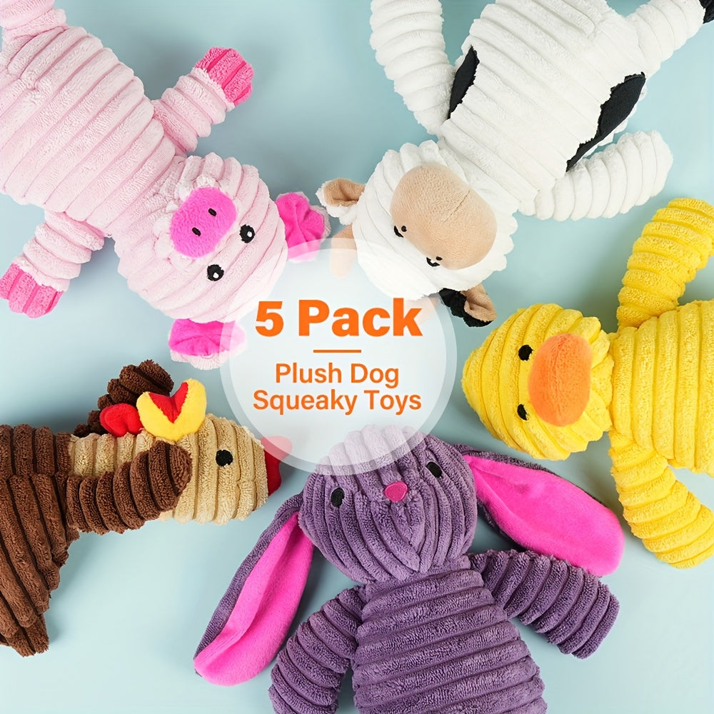 Plush Dog Squeaky Toys 5-Pack Bundle – Washable Stuffed Animal Chew Toys for Small, Medium, and Large Dogs, Embroidered Safety Eyes, Animal Designs (Pig, Frog, Elephant, Chicken, Fox)