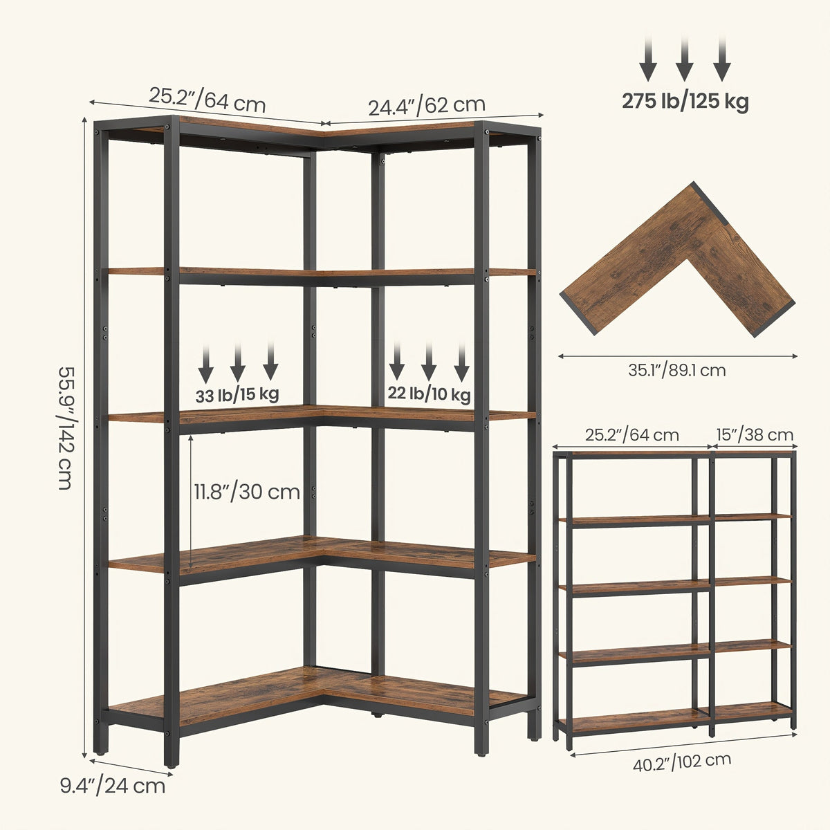 Industrial Corner Shelf 5-Tier, Convertible L-Shape or Straight Bookshelf, Metal Frame Rustic Wood Finish, Space-Saving Corner Bookcase for Living Room Bedroom Home Office Study, Multi-Level Organizer