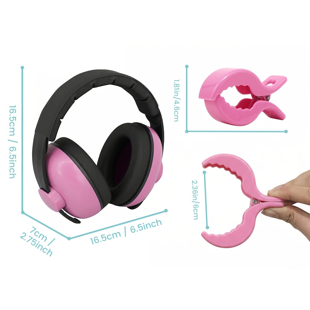 Portable Ear Muff with 2 Baby Stroller Fixing Clips, Soft Padded Adjustable Headband Ear Cover for Outdoor Travel & Camping, Removable Stroller Blanket Sunshade Clip Accessory Set