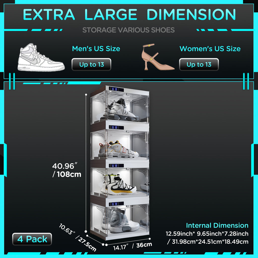 LED Shoe Storage Box Transparent Stackable with Auto-Open Lid, Intelligent Control Clear Plastic Sneaker Display Case for Sports Shoe Collection & Wardrobe Closet Organization, White 1 or 4 Pack
