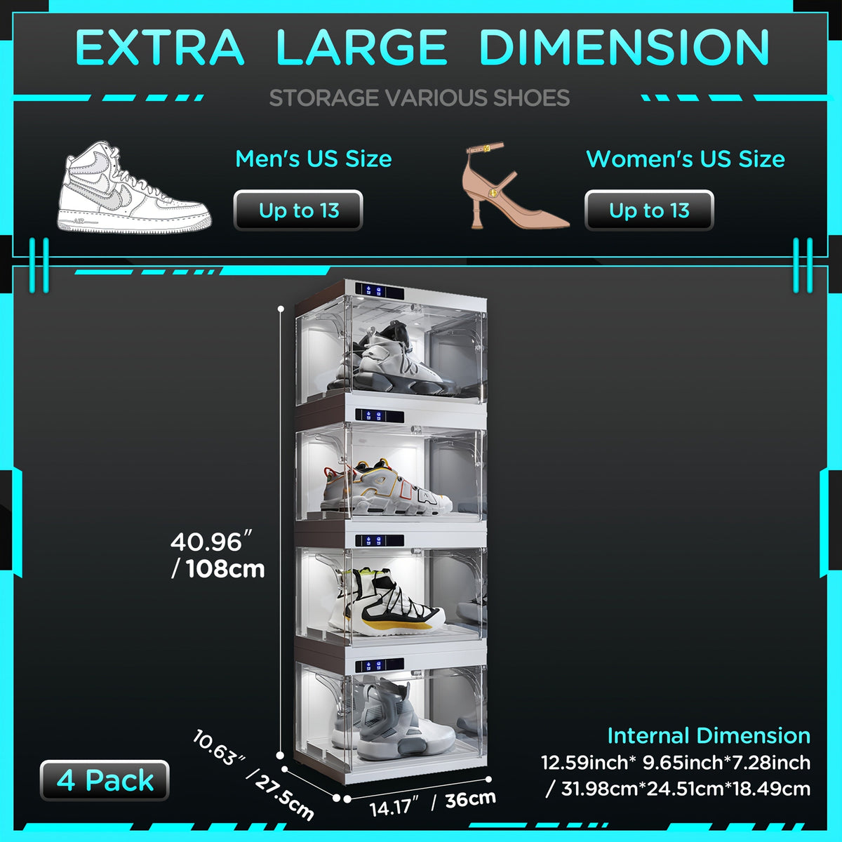 LED Shoe Storage Box Transparent Stackable with Auto-Open Lid, Intelligent Control Clear Plastic Sneaker Display Case for Sports Shoe Collection & Wardrobe Closet Organization, White 1 or 4 Pack