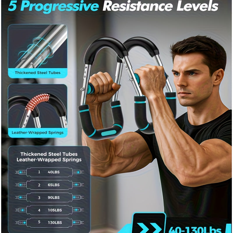 U-Shaped Adjustable Chest and Arm Muscle Strength Trainer, 60-100 lbs Spring Resistance, Triceps and Chest Workout Equipment, 2-Level Adjustment, Detachable and Portable Home Gym Fitness