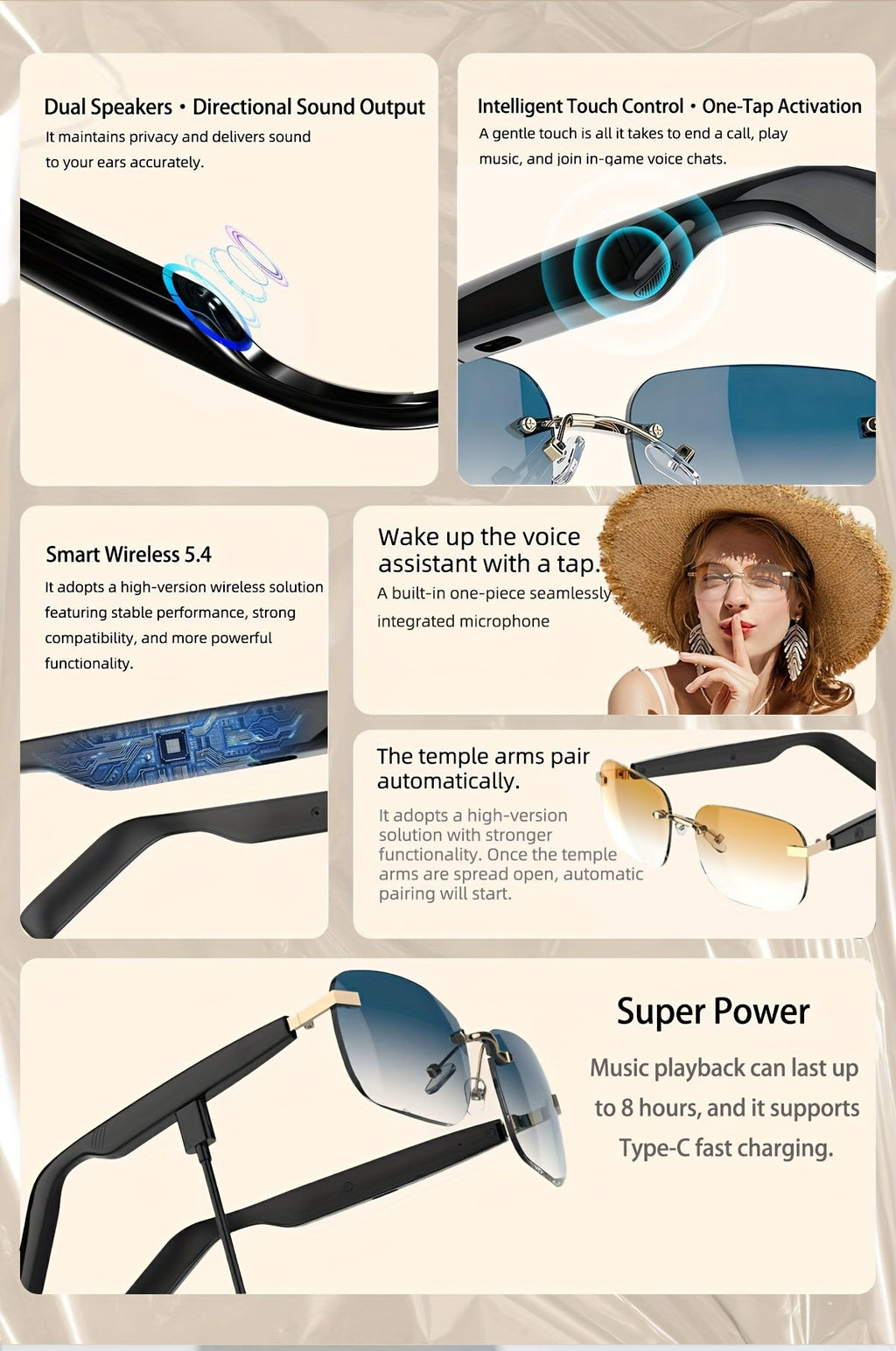 Bluetooth Smart Glasses with Touch Controls & Open Ear Audio – Integrated Microphone, Hands-Free Calls & Music, Polarized Lenses, Ideal for Outdoor Sports, Driving & Everyday Wear