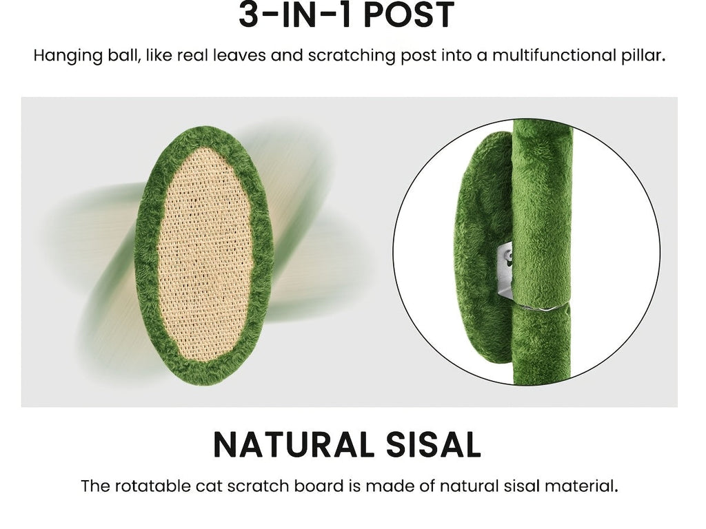 55-Inch Cat Tree for Indoor Cats with Green Leaves – Multi-Level Large Cat Tower with Hammock, Sisal Scratching Posts, Hanging Ball Toy, and Cat Furniture for Living Room or Bedroom