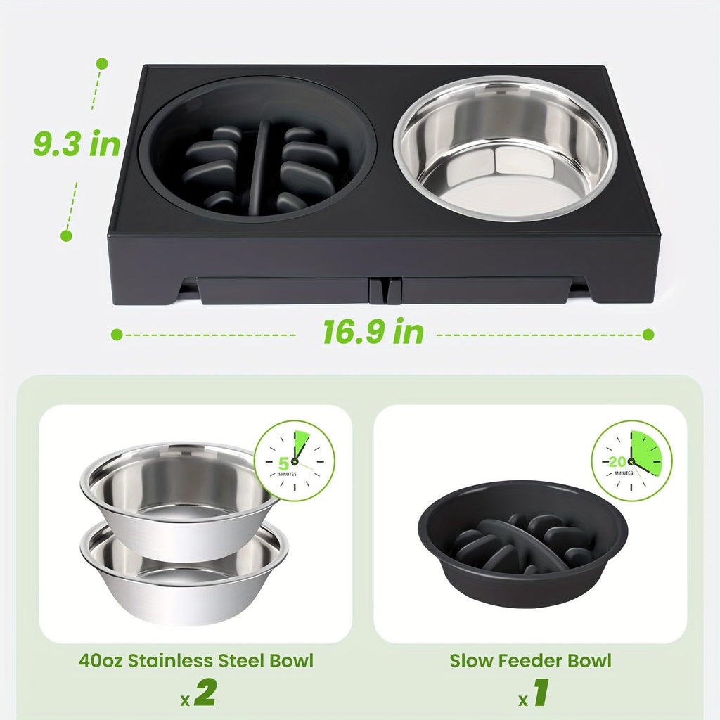 Adjustable Elevated Dog Bowl Stand with 3-Bowl Set – 5 Heights 3.2–12.2 Inches, 2 Stainless Steel Bowls + Slow Feeder Bowl for Small, Medium, and Large Dogs, Raised Feeder in Black or Gray