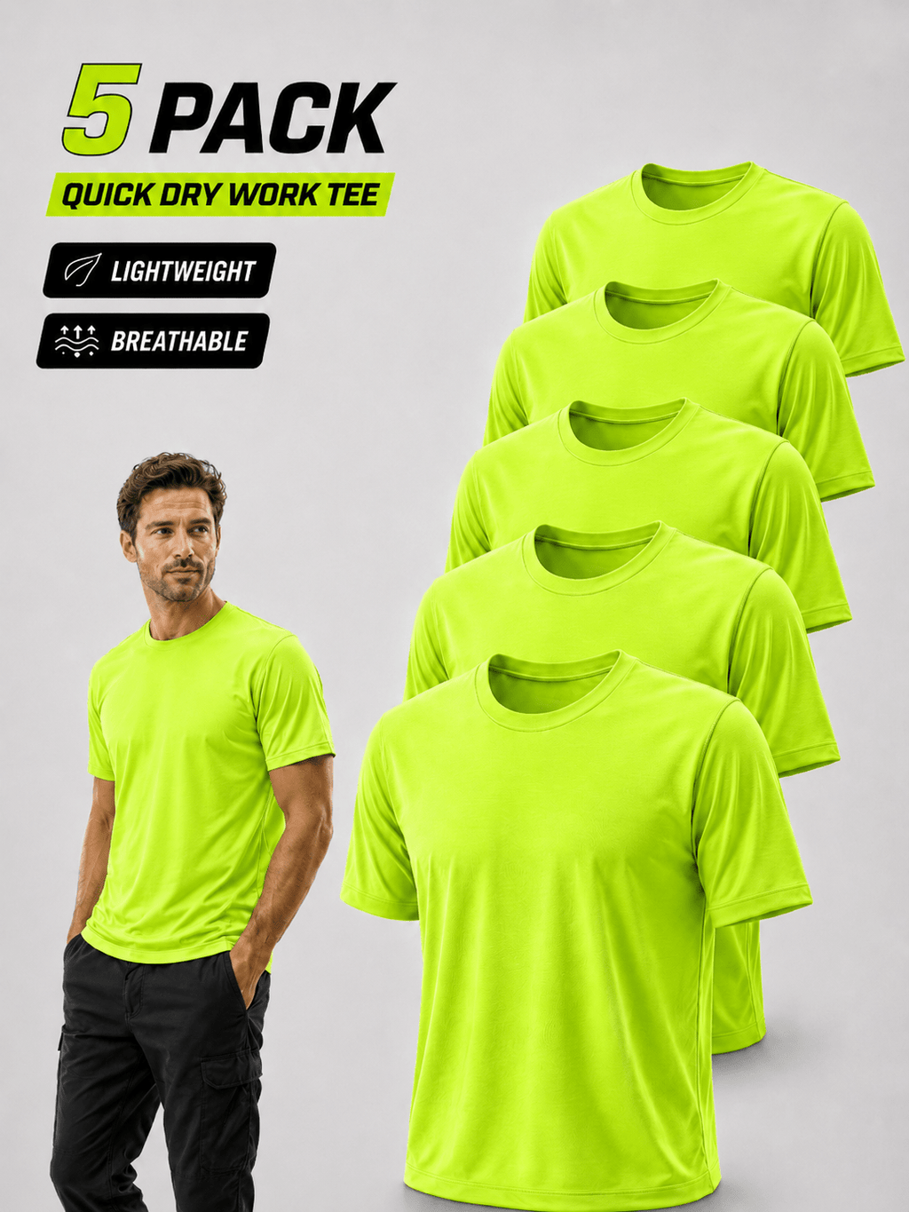 5-Pack Men's UPF 50+ Safety Work Shirts – Quick-Dry Breathable Performance Tees for Outdoor Jobs, Fluorescent Yellow High-Visibility, S-XXXL, Gift for Dad