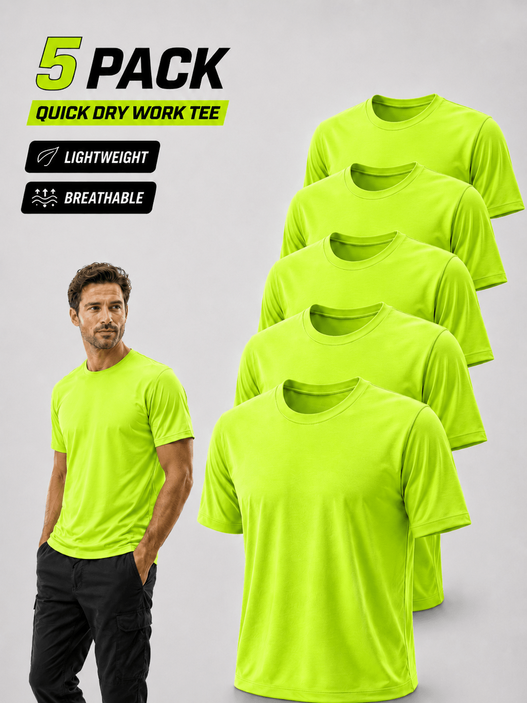 5-Pack Men's UPF 50+ Safety Work Shirts – Quick-Dry Breathable Performance Tees for Outdoor Jobs, Fluorescent Yellow High-Visibility, S-XXXL, Gift for Dad