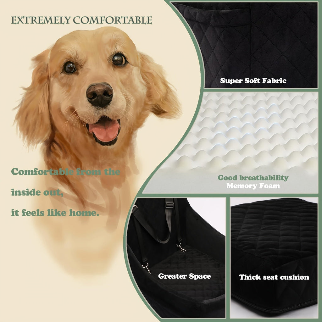 Dog Car Seat for Medium to Large Dogs – Washable Memory Foam Pet Travel Car Bed with Seat Belt Pass-Through, Adjustable Straps & 3-Point Installation, Gray, Black, Brown, All Black, Black-Gray