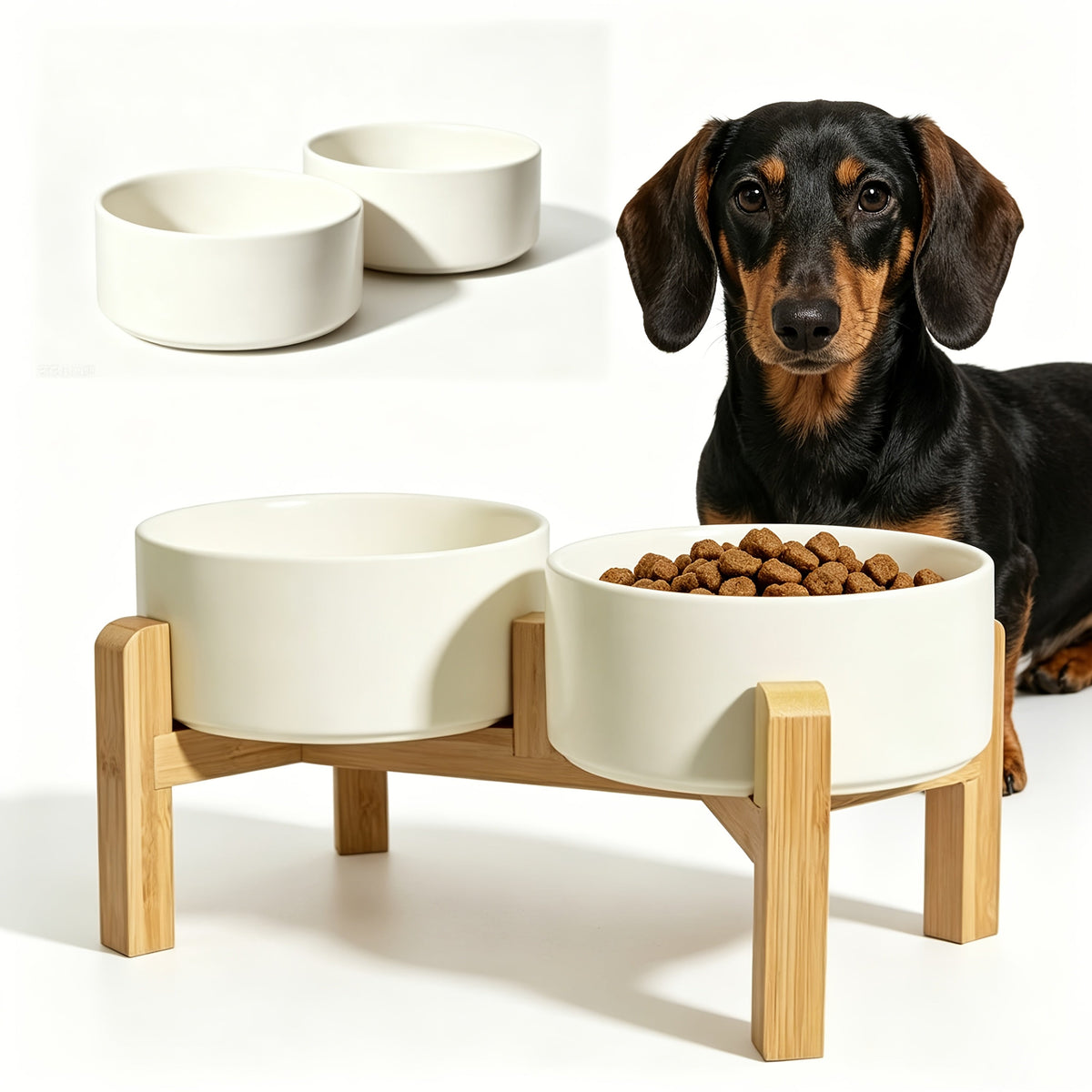 Elevated Ceramic Dog Bowl Set with Bamboo Stand - Raised Double Dog Bowls 28.74oz Non-Slip Feeder for Dogs, Cats & Puppies, Adjustable Height Slow Feed Dog Food Bowl with Storage (4 Colors)