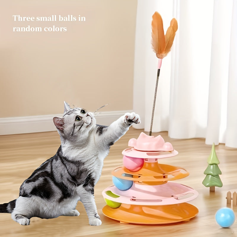 交互式猫咪旋转玩具（带羽毛及旋转球）——猫咪自娱自乐防无聊逗猫棒，旋转设计，室内趣味玩耍，猫奴节日好礼