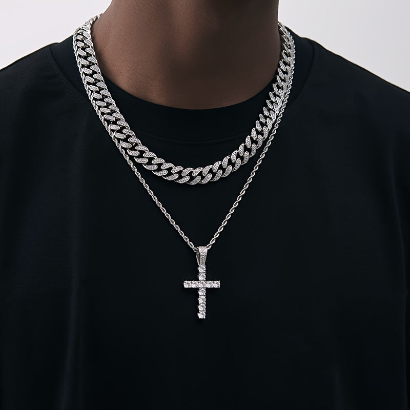 4-Piece Men's Punk Jewelry Set: Quartz Watch, Cuban Chain Necklace, Bracelet, and Rhinestone Cross Necklace – Hip Hop Style Gift for Men
