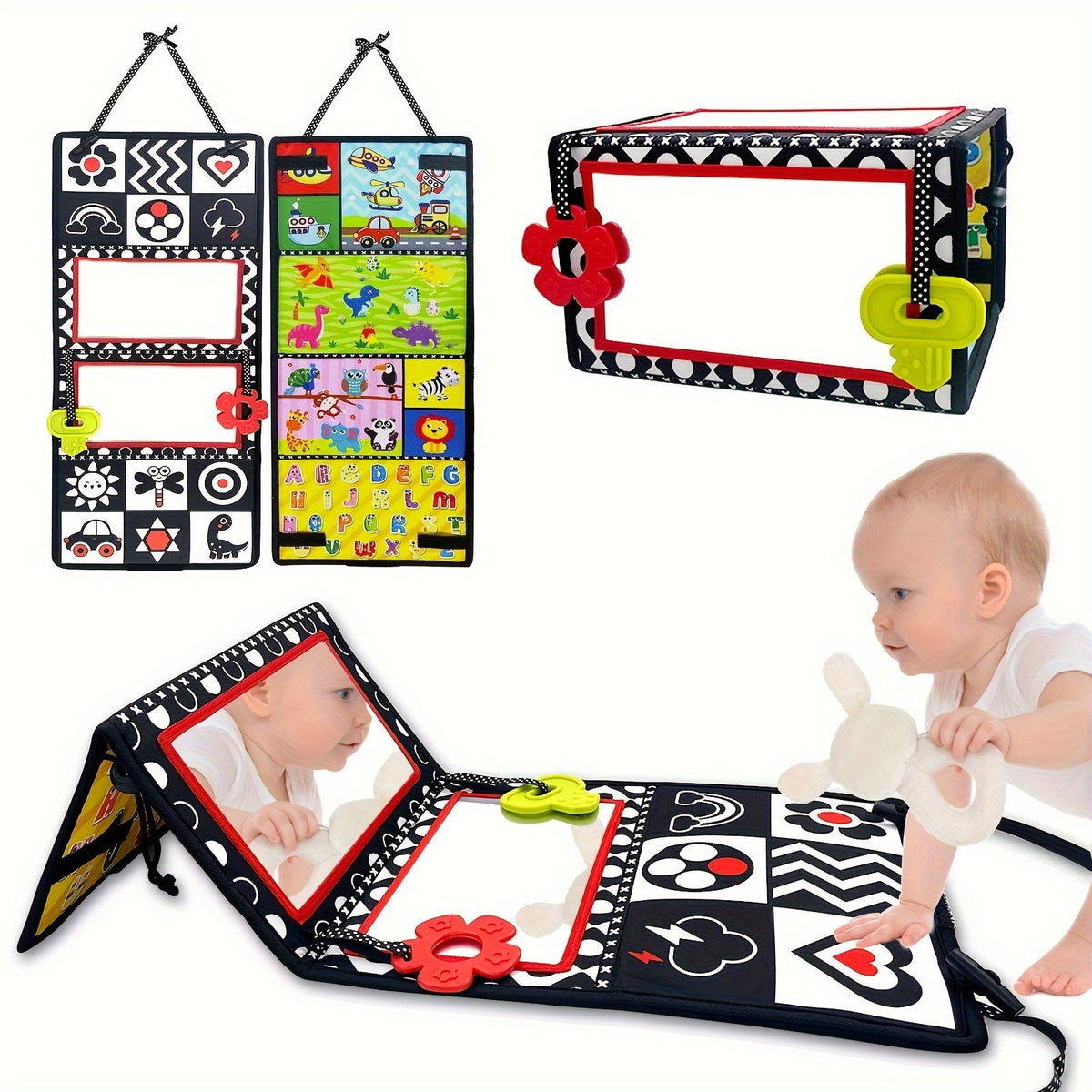 Double-Sided High Contrast Tummy Time Mirror & Teether, Black & White Sensory Toy for Newborns & Infants, Developmental Crawling Aid with Four-Fold Design