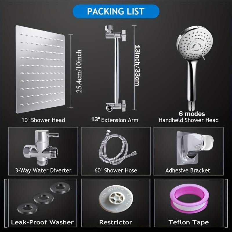 Rain Shower Head Combo - 8"/10"/12" High Pressure Rainfall Head, 13" Adjustable Extension Arm & 6-Setting Handheld with Long Hose - Works Against Low Water Pressure - Chrome
