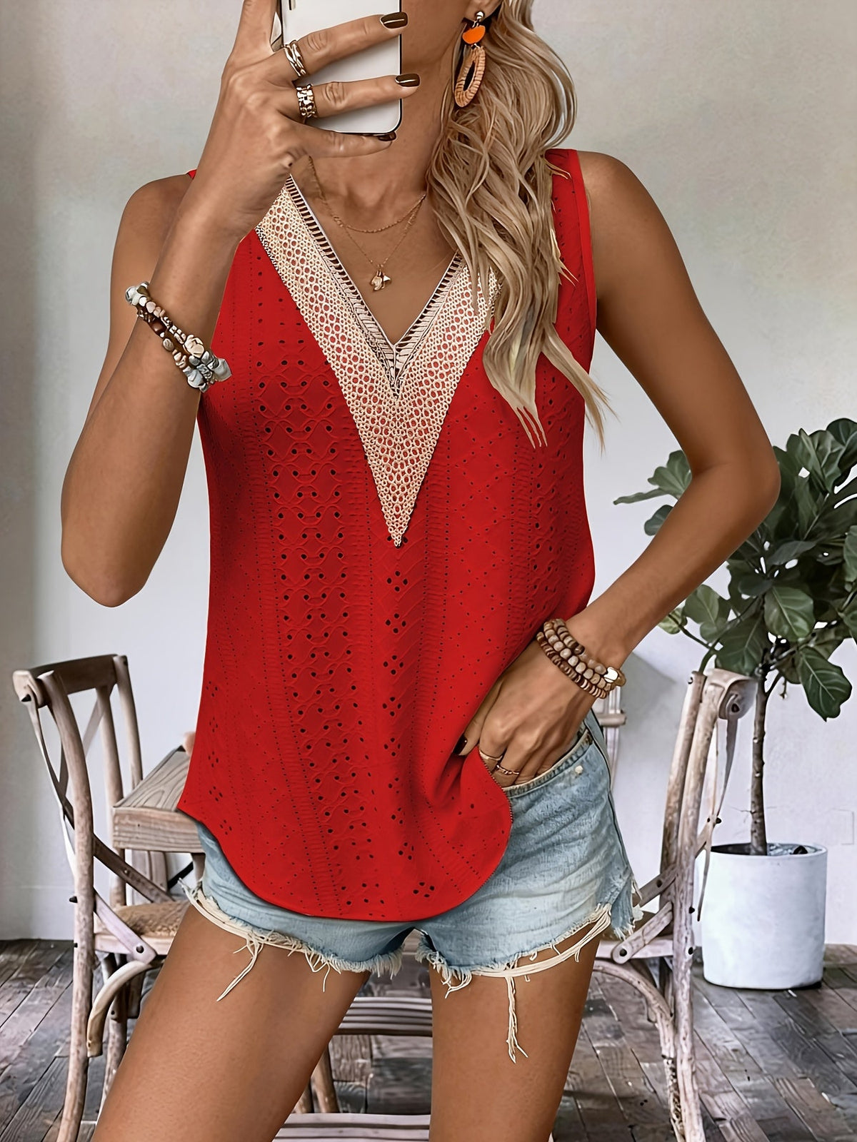 Women's Sleeveless V-Neck Embroidered Patchwork Casual Fashion Blouse Spring Summer Tank Top for Women S M L XL XXL