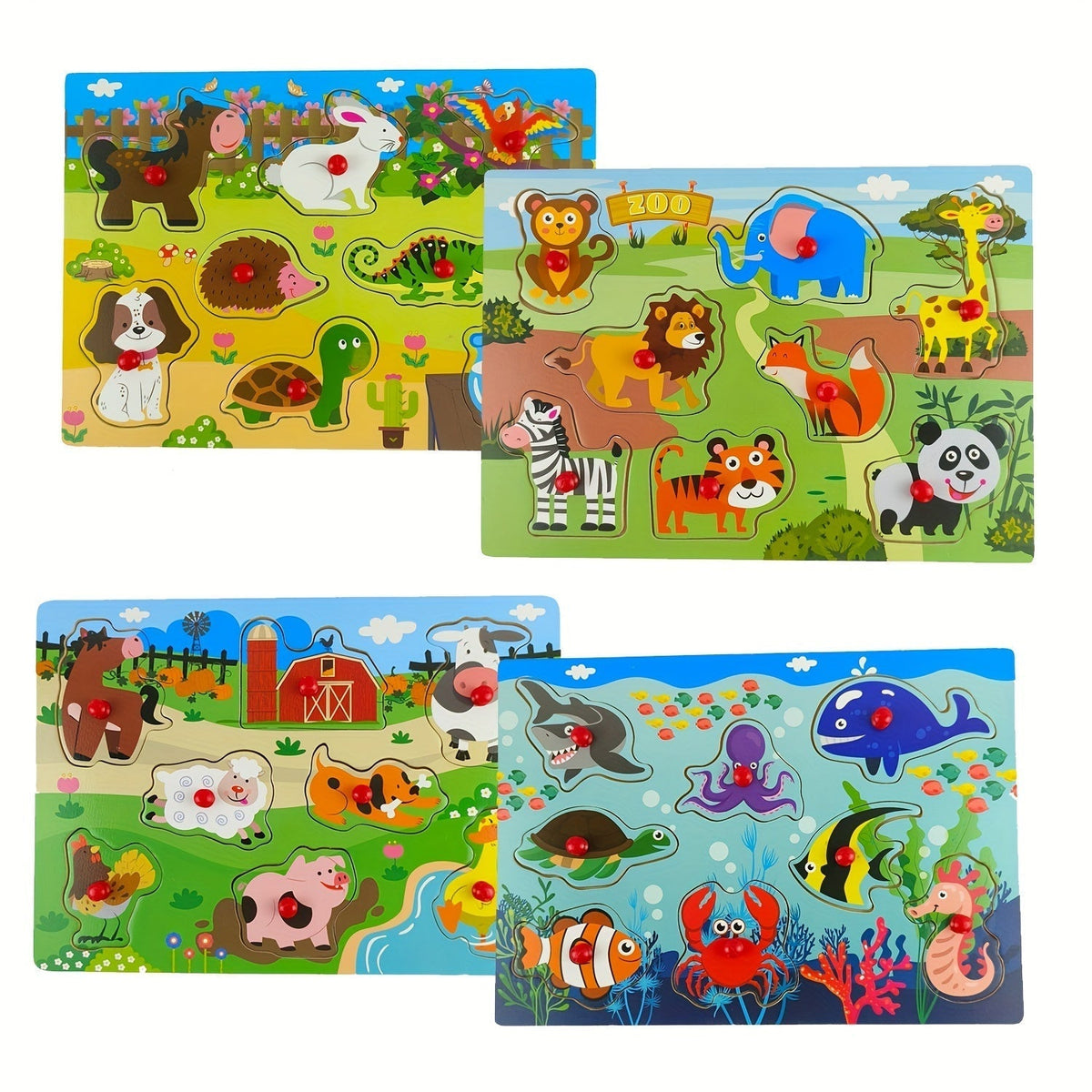 4-Piece Wooden Peg Puzzle Set for Toddlers, 32 Pieces, Knob Puzzles with Farm and Zoo Animal Themes, Montessori Learning Toy for Ages 1, 2, 3, Birthday, Christmas, Easter Gift for Boys and Girls