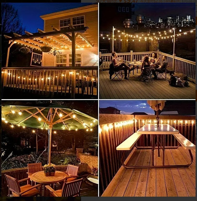 Solar LED String Lights Outdoor Waterproof 50FT & 100FT – ST38 Shatterproof Dimmable Bulbs, USB-C & Solar Powered, 4 Modes, for Patio, Yard, Pool, Garden, Wedding, Camping, and Christmas Decor