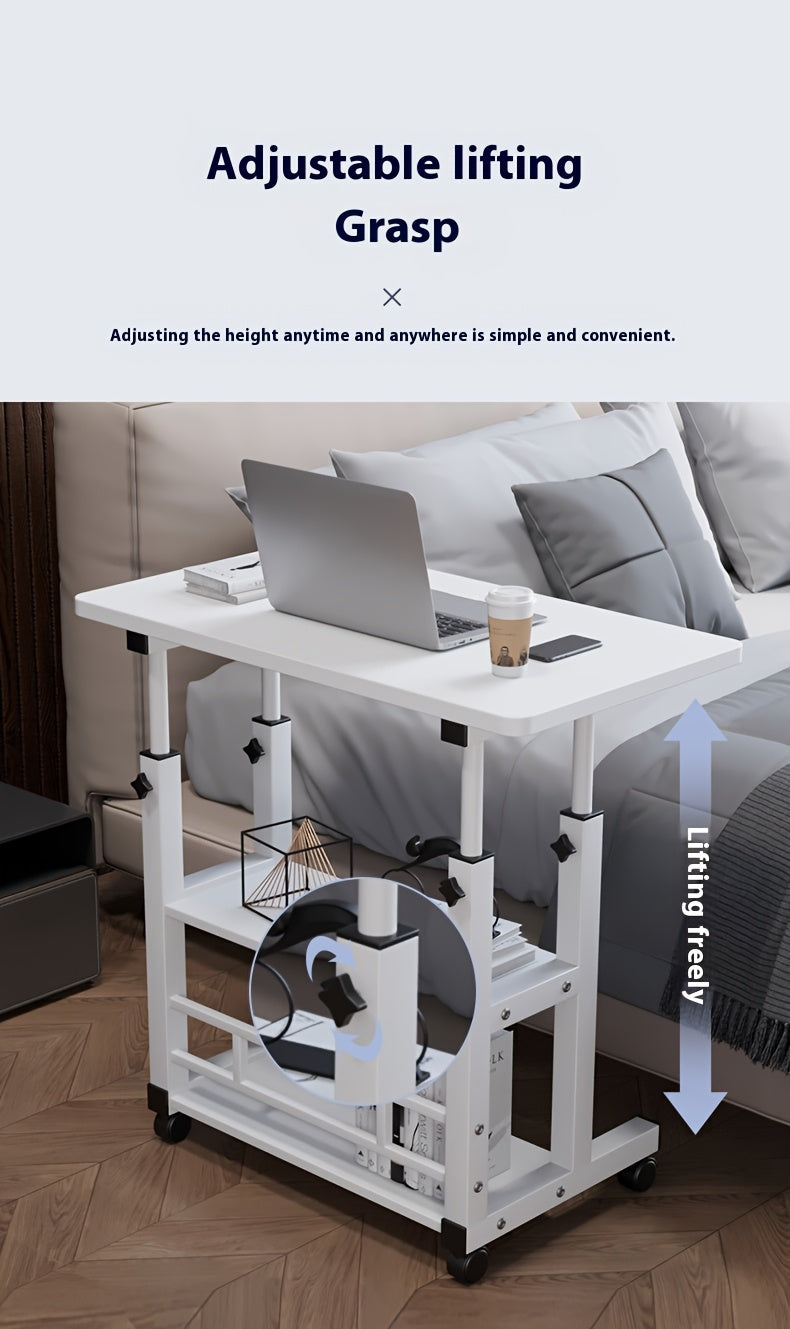 3-Tier Rolling Folding Desk with Wheels, Height-Adjustable and Expandable Desktop, Storage Shelf for Laptop, Study, Home Office, Bedroom, Living Room Computer Table
