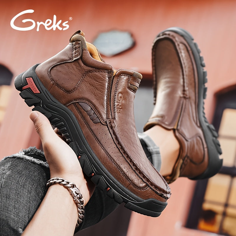 GREKS Men's Hand-Stitched Slip-On Ankle Boots, Casual Moccasin Chukka Loafers with Non-Slip Sole for Outdoor Hiking, Driving, and Daily Wear – Comfortable Lightweight Men's Shoes