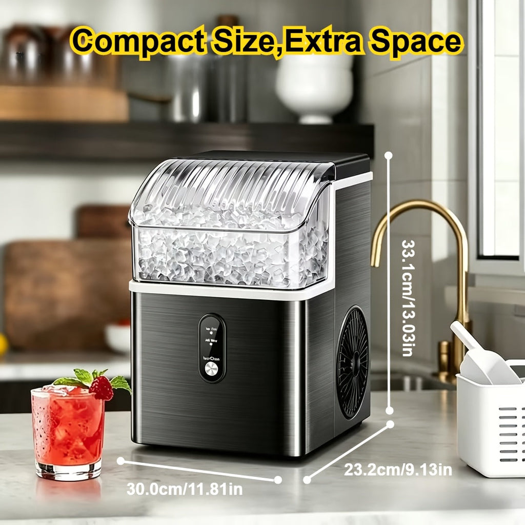 Countertop Nugget Ice Maker 35Lbs/Day 2025 Upgraded, Self-Cleaning Pebble Ice Maker with Stainless Steel Housing, One-Click Operation & Water Reservoir, Soft Chewable Pellet Ice for Home & Kitchen, Black Gray Steel