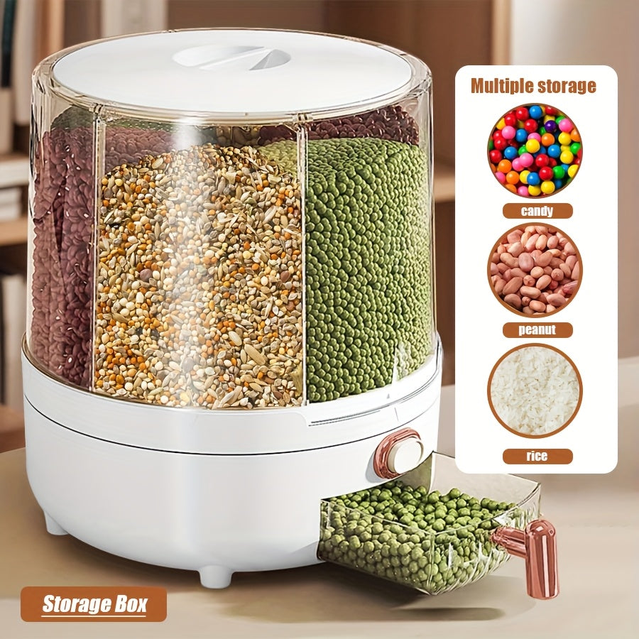 Rotating Cereal Dispenser 6-Grid Large Capacity Airtight Rice Storage Container, Moisture-Proof Insect-Proof Grain Dispenser with Transparent Window & Press Button, Food-Grade PP for Rice, Grains, and Flour