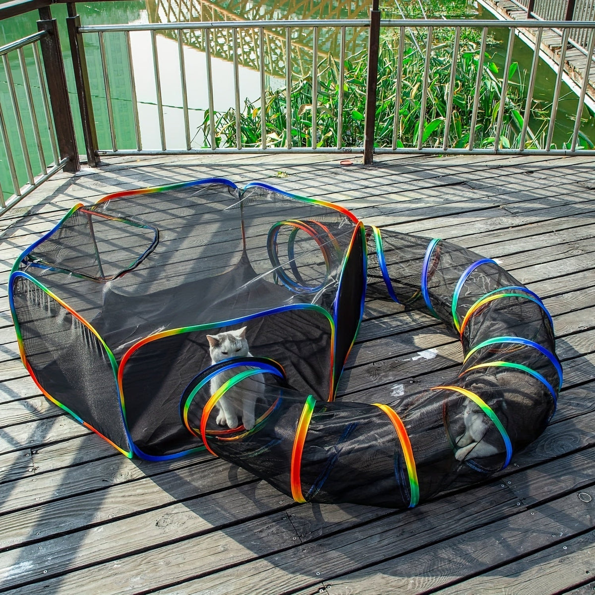 Rainbow Cat Playpen Outdoor Cat Enclosure with Circle Tunnel and Portable Pop-Up Tent, Foldable Cat Playground for Cats, Kittens, and Small Animals, Indoor/Outdoor Use