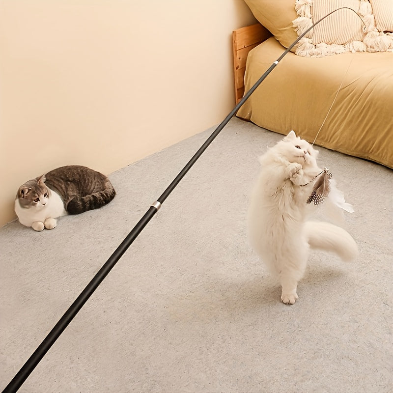 可伸缩逗猫棒 1米伸缩杆，配羽毛、铃铛及闪光丝带替换头——耐咬耐用室内幼猫互动玩具，可更换逗猫头，趣味互动体验