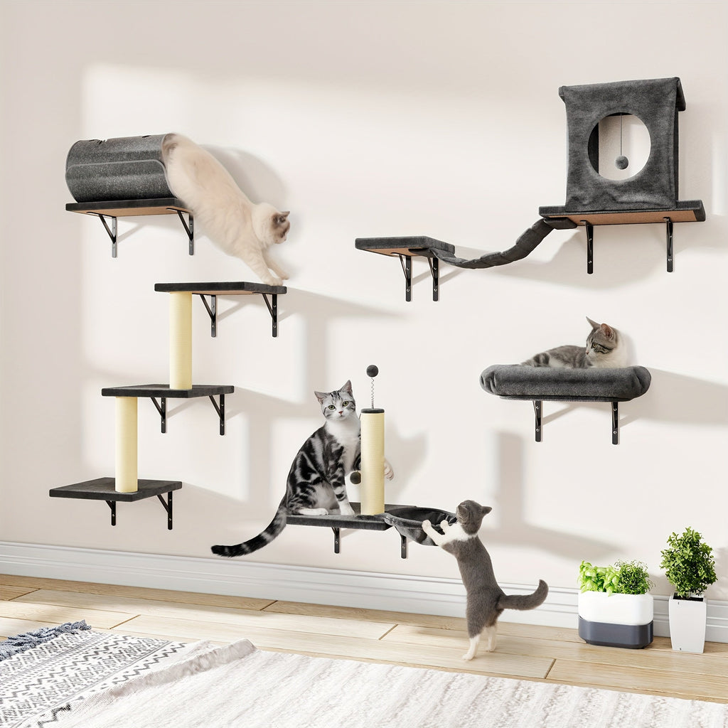 7-Piece Wall-Mounted Cat Climbing Shelf Set – Deluxe Indoor Cat Furniture with Cat Condo, Wall Shelves, Scratching Post, Bridge Ladder & Tunnel, Space-Saving Cat Wall Playground for All Cat Sizes