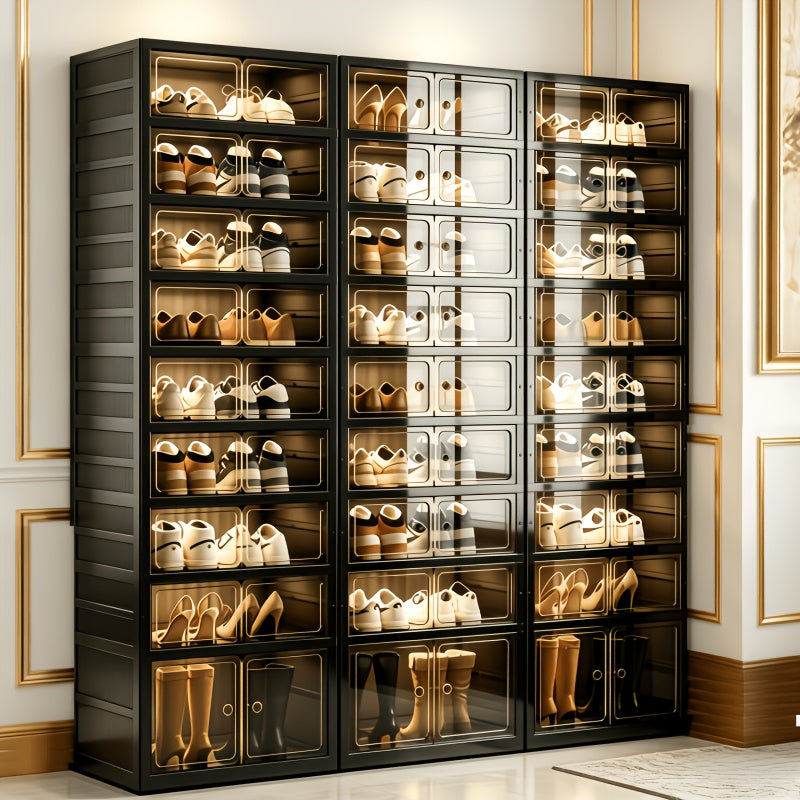 Foldable Transparent Shoe Cabinet 3/6/9 Tier, Magnetic Dust-Proof Doors, 62.5" Tall, No-Tool Assembly, Modular Stackable Shoe Storage Organizer for Entryway Closet Bedroom Dorm, Display Shoe Box