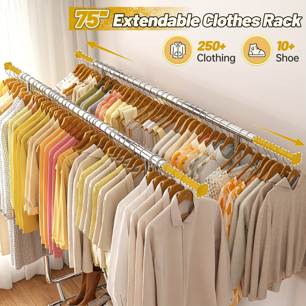 Rolling Clothes Rack, 630 lbs Capacity, 4 Omnidirectional Locking Wheels, Adjustable Height 58"-75", Extendable Width 51"-75", 1.5mm Thick Metal, Umbrella & Shoe Shelf, 10-Min Assembly, for Home, Laundry, Retail
