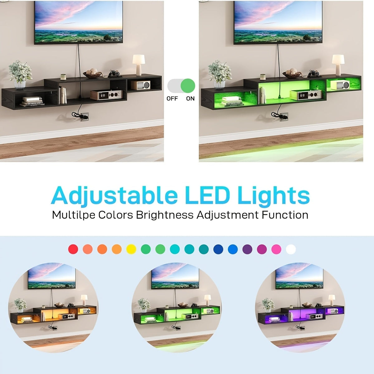 59-Inch Floating TV Stand with LED Lighting & Power Outlet – Wall Mount Entertainment Center with Corner Bracket, Multi-Color LED Strip for Living Room & Bedroom, Black or Rustic Brown – Nova Mart