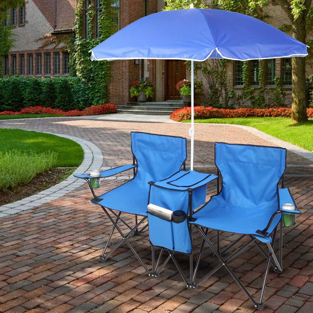 2-Person Outdoor Folding Chair with Removable Sun Umbrella – Portable Loveseat Camping Chair with Armrests for Fishing, Beach, Sunbathing, and Picnics