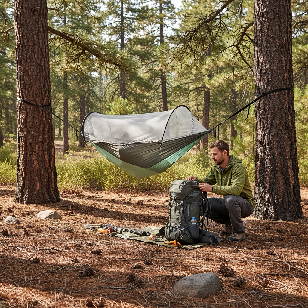 3-in-1 Double Camping Hammock with Mosquito Net and Sun Shade – Lightweight, Portable, and Durable; Ideal for Camping, Hiking, Backpacking, Picnicking, and Parks; 7 Color Options