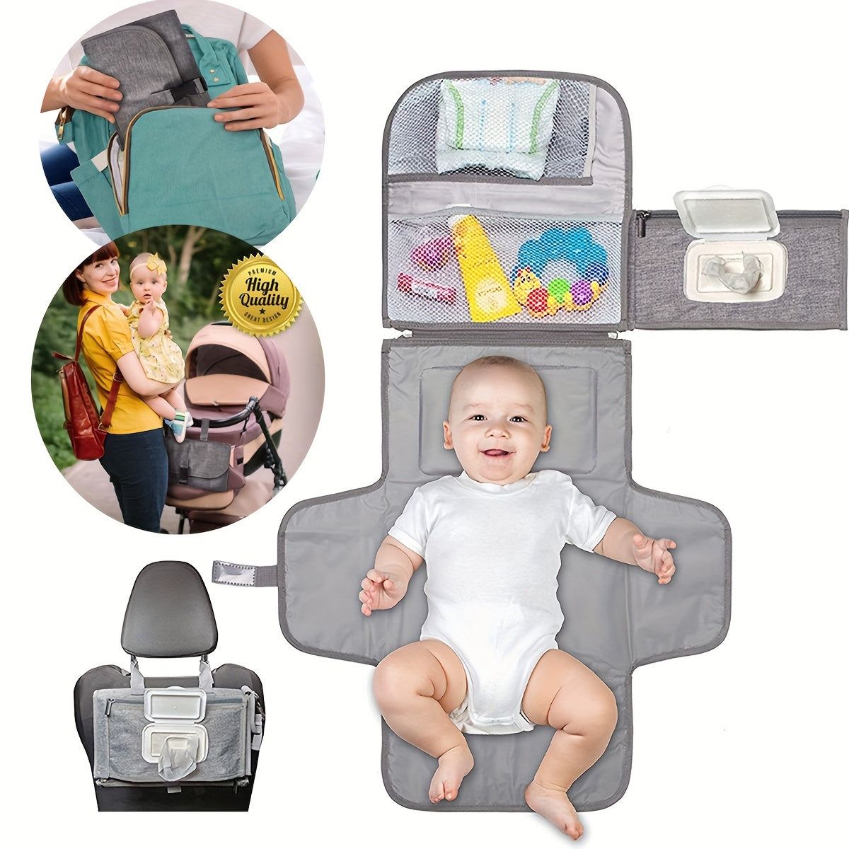 Multifunctional Portable Baby Diaper Changing Pad, Waterproof Urine Isolation Changing Mat for Outings & Travel, Foldable Baby Changing Pad for Mom & Baby On the Go, Grey