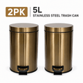 2-Pack 5L Stainless Steel Small Round Pedal Trash Can – Soft Close Lid Foot Pedal & Inner Bucket for Bathroom Kitchen Bedroom Office & Living Room in Gold