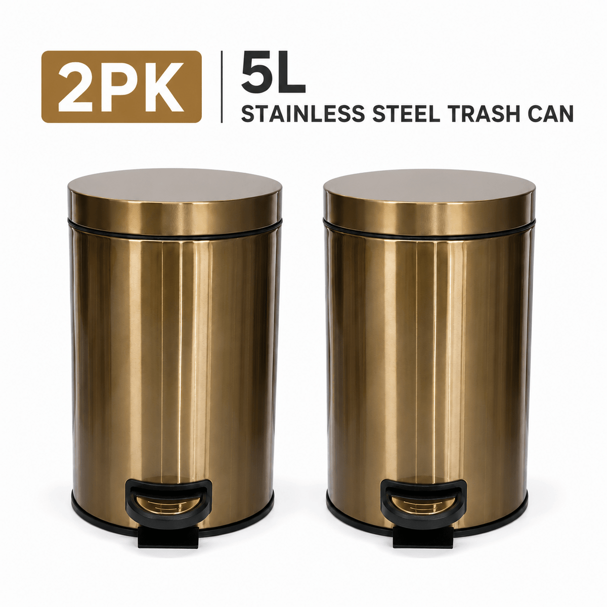 2-Pack 5L Stainless Steel Small Round Pedal Trash Can – Soft Close Lid Foot Pedal & Inner Bucket for Bathroom Kitchen Bedroom Office & Living Room in Gold