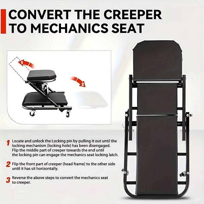 Mechanic Creeper Stool Z-Shape | Foldable 3-in-1 Creeper, Non-Foldable & Sliding Stool | 300LB Capacity, 6 Swivel Casters, Thick Padded Cushion – Garage Rolling Seat, Gift for Men – Red & Grey