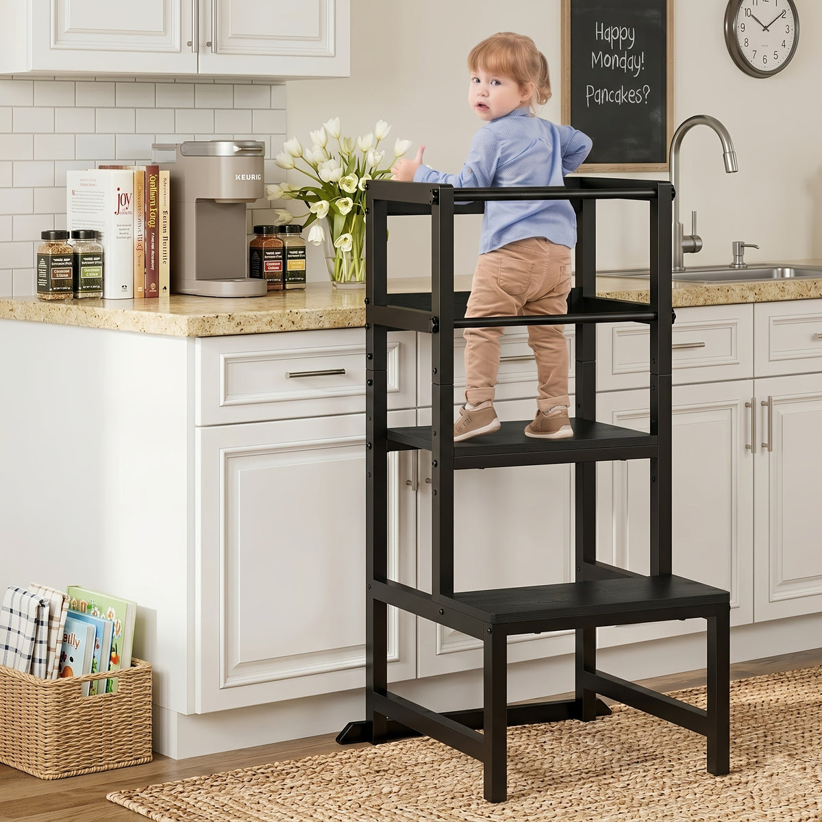 Adjustable Toddler Learning Tower Step Stool with Safety Rail Wooden & Steel Height Adjustable Kitchen Helper for Kids – Brown Black Wood & White