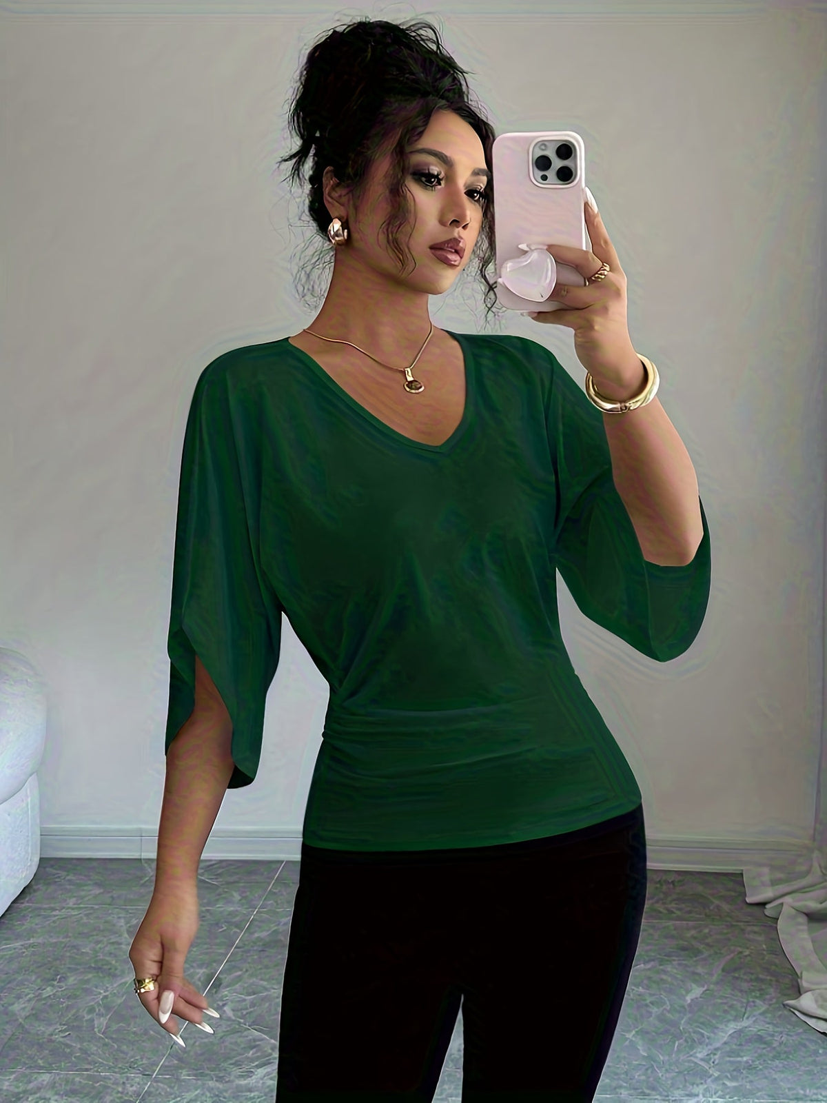 Women's V-Neck Batwing Sleeve Knit Top - Casual Loose Fit Three-Quarter Sleeve High-Waist T-Shirt Blouse for Spring, Summer, and Fall, Versatile Mid-Length Pullover Top, White/Black, Sizes XS-XL
