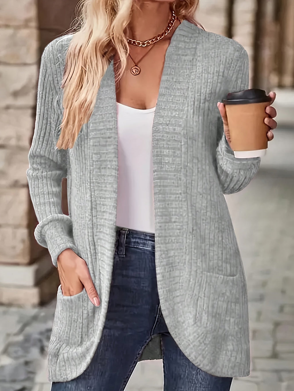 Women's Open Front Cardigan Jacket with Pockets, Long Sleeve Solid Color Casual Knit Coat, Light Grey/Black, S M L XL, Lightweight Layering Outerwear