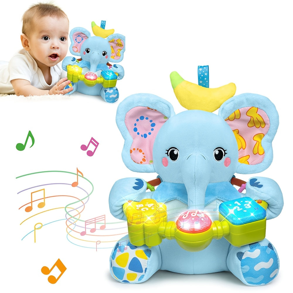 Baby Musical Plush Toy for 0-12 Months, Early Bilingual Learning Toy with Light Music & Squeak for Tummy Time, Blue Elephant Pink Elephant & Pink Bunny, Easter Christmas Birthday Gift for Baby Boys & Girls