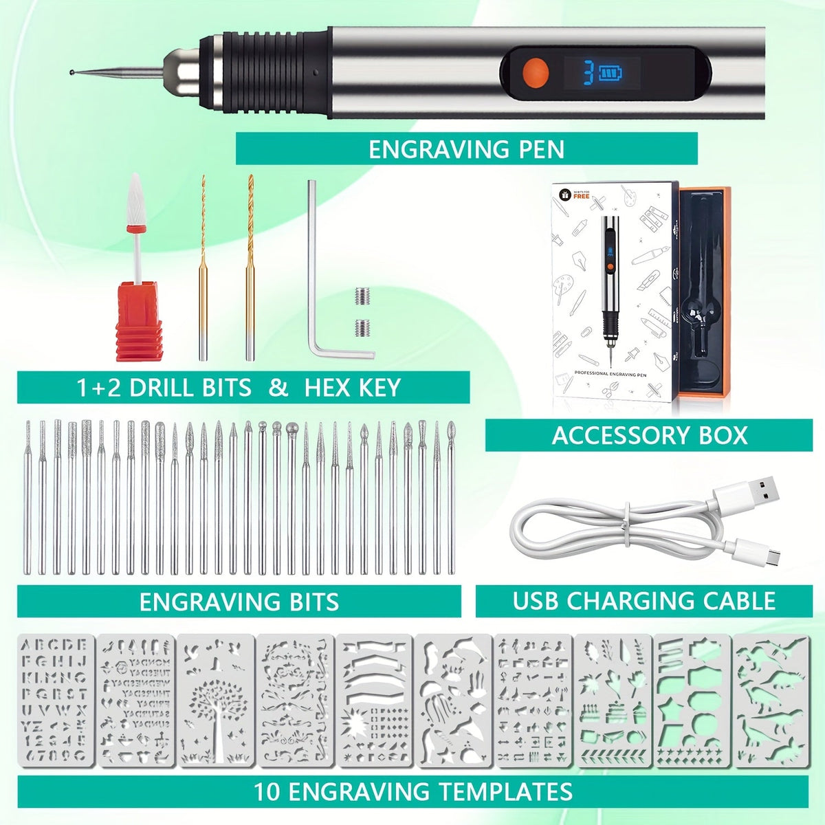 Electric Engraving Pen Kit with 57 Accessories - USB Rechargeable Cordless Engraver, 21,000 RPM, 3-Speed Control, 90-Min Battery Life, for Metal, Glass, Wood, Stone & Jewelry - DIY Craft Gift