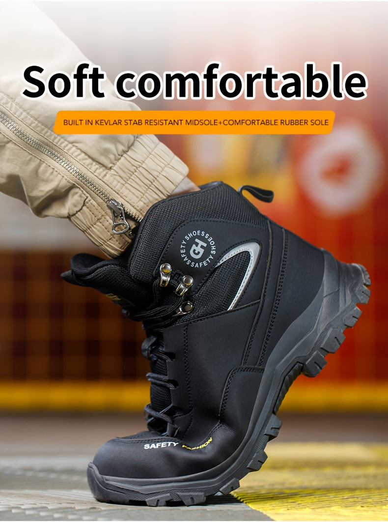 Men's Steel Toe Work Boots, Heavy Duty, All-Terrain Rubber Sole, Cushioned Insole, Arch Support, Four-Season Construction, Industrial, Farm, and Outdoor Boots, Black/Army Green, US Sizes 6-11