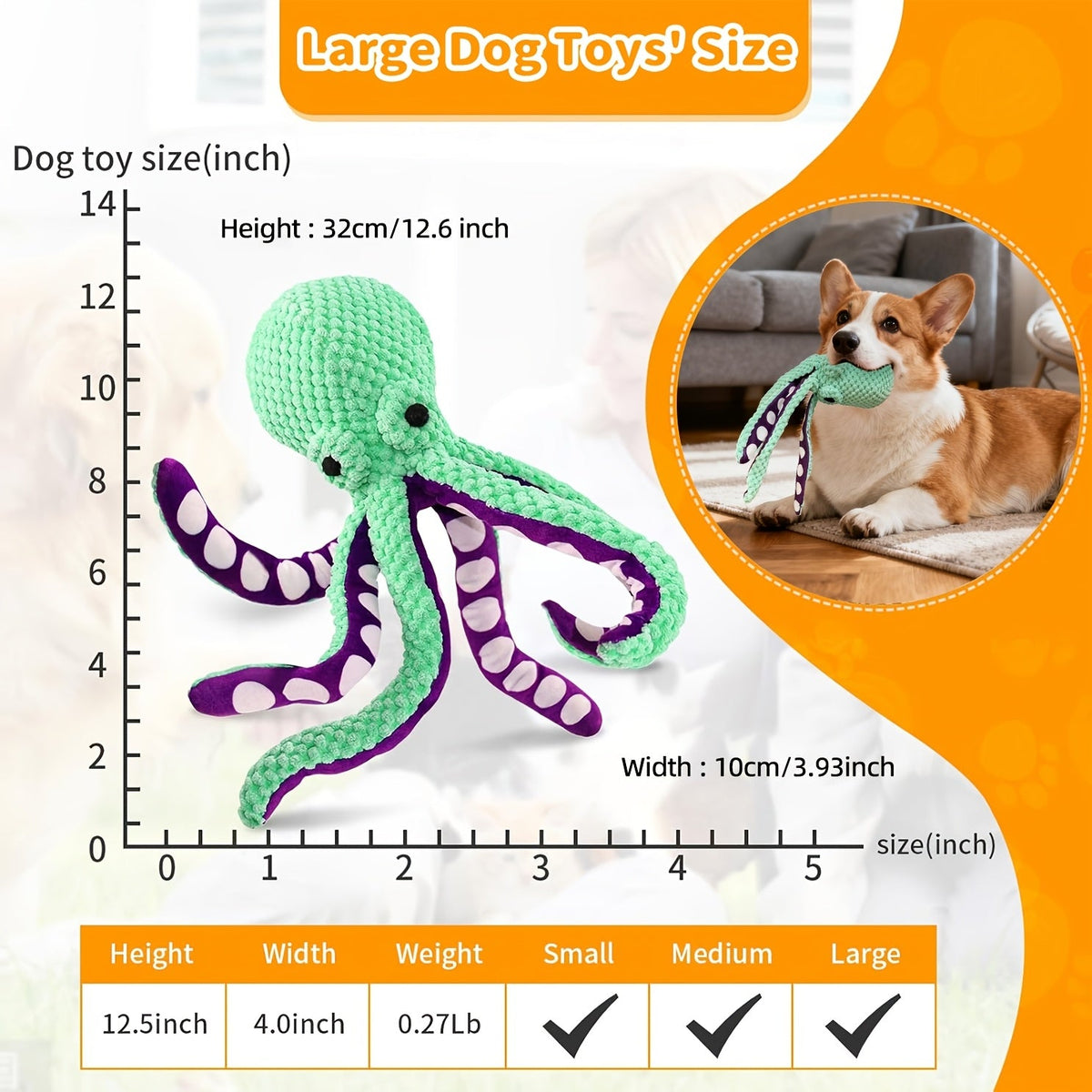 Plush Octopus Dog Toy with Squeaker, Interactive Durable Chew Toy for Medium Dogs, Teal Purple Stuffed Squeaky Dog Toy for Play, Fetch, Training, and Boredom Relief