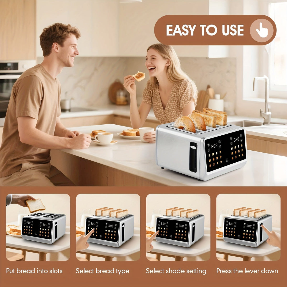 4-Slice Digital Smart Toaster Stainless Steel – Touchscreen Dual Control Panel with Timer Reheat & Defrost for Bagels Bread Waffles
