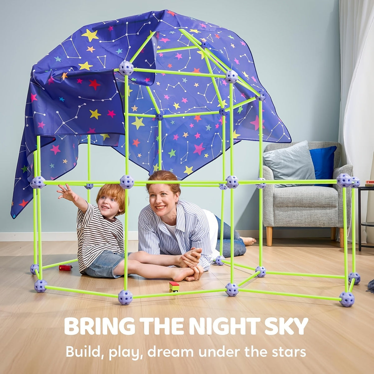 Glow-in-the-Dark Fort Building Kit 81 Pieces – Kids STEM Construction Toy for Indoor Outdoor Castles Tunnels Tents with Star Cloth & Storage Bag Ages 4-12