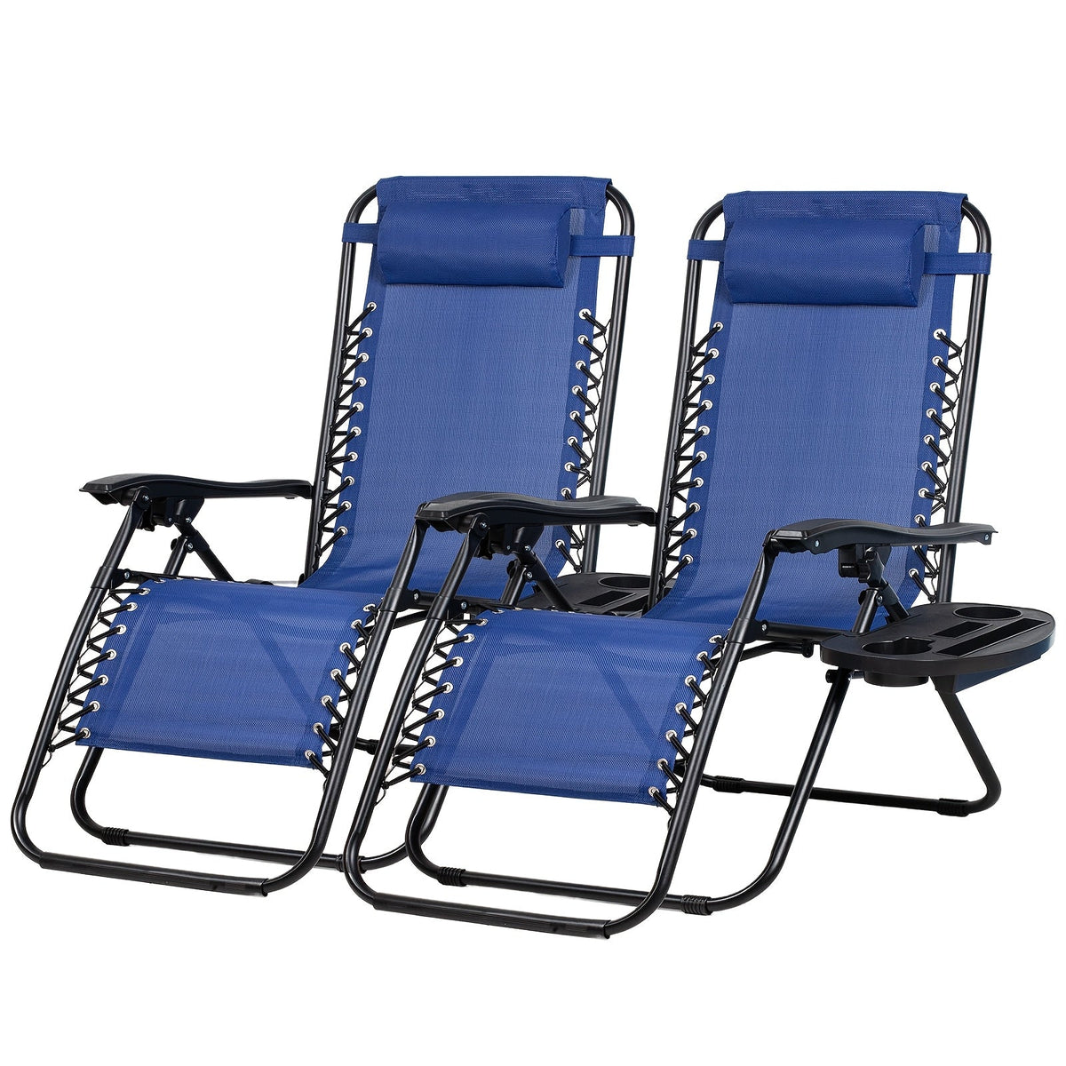 Set of 2 Zero Gravity Recliner Lounge Chairs – 500 LB Capacity Lockable Reclining Detachable Tray Cup Holder for Patio Lawn Garden & Beach in Blue Brown & Stripe Patterns