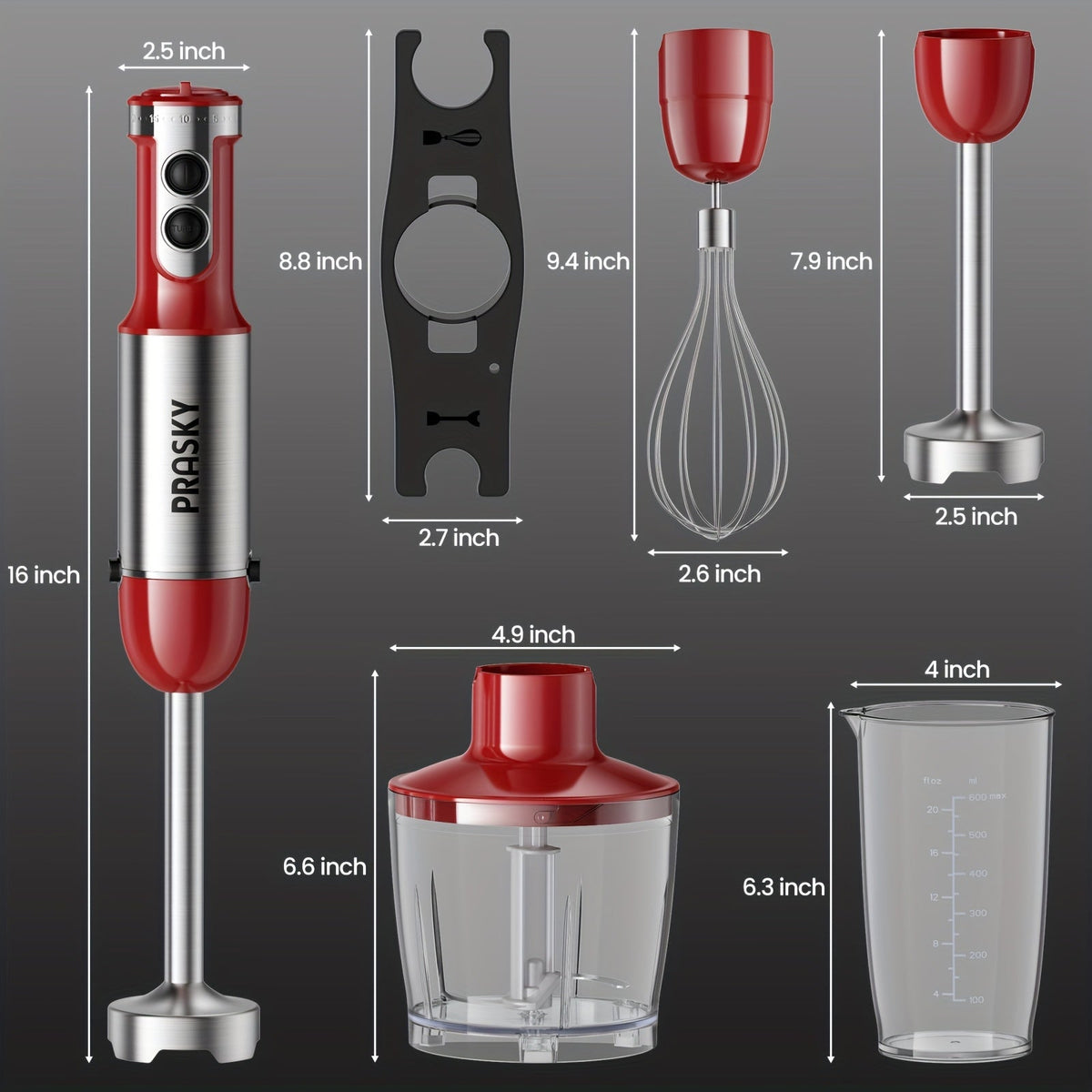5-in-1 Handheld Immersion Blender - Whisk, Measuring Cups & Meat Chopper Attachments, Heavy-Duty Motor - Kitchen Essential - Red & Black
