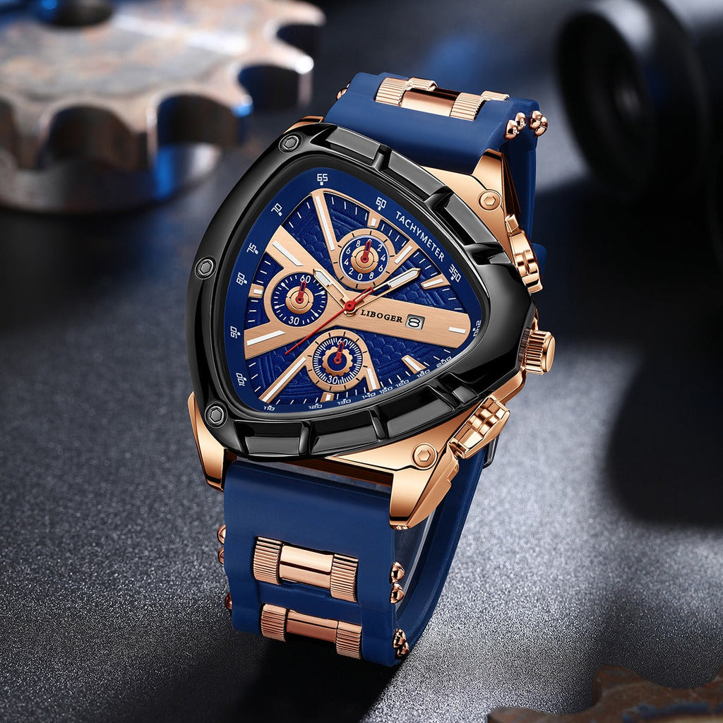 Men's Luxury Quartz Watch, Triangular Dial, Silicone Band, Date Display, Chronograph, Business Casual Wristwatch, 5 Colors