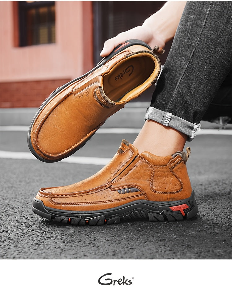 GREKS Men's Hand-Stitched Slip-On Ankle Boots, Casual Moccasin Chukka Loafers with Non-Slip Sole for Outdoor Hiking, Driving, and Daily Wear – Comfortable Lightweight Men's Shoes